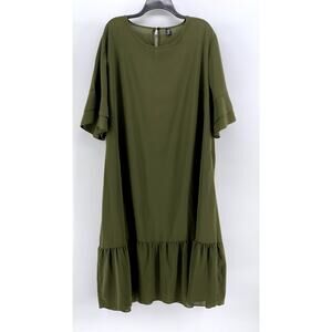 SHEIN CURVE Women's Plus Olive Green Ruffle-Hem Short Sleeve Dress SZ 4XL